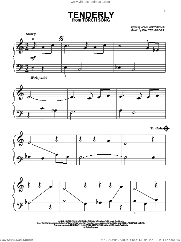 Tenderly sheet music for piano solo by Walter Gross and Jack Lawrence, beginner skill level