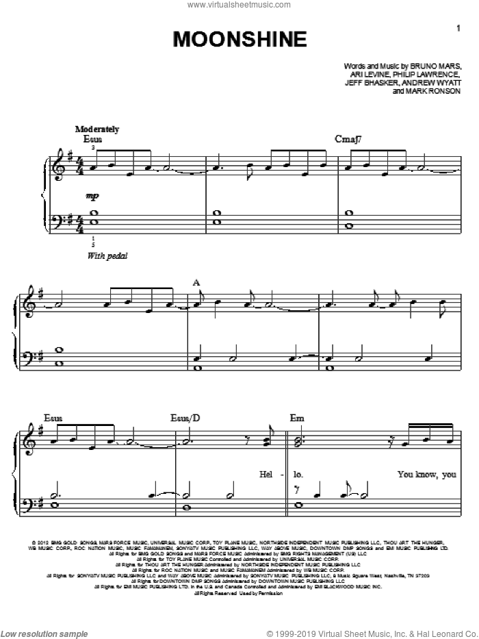 Moonshine sheet music for piano solo by Bruno Mars, easy skill level