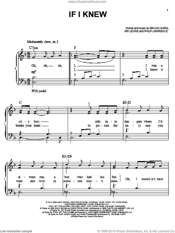 If I Knew sheet music for piano solo by Bruno Mars, easy skill level