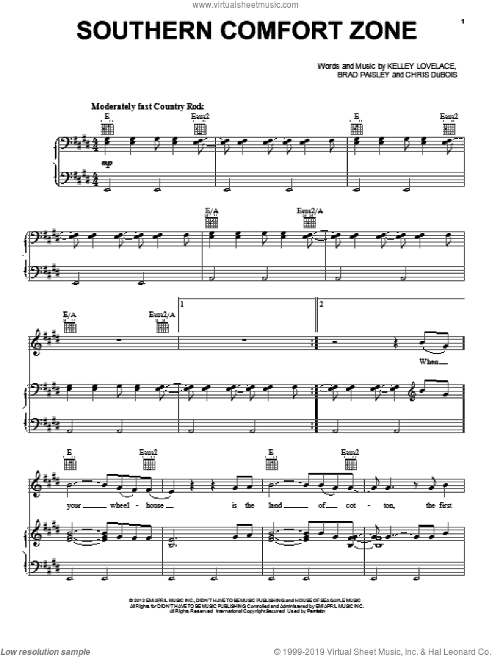 Southern Comfort Zone sheet music for voice, piano or guitar by Brad Paisley, intermediate skill level