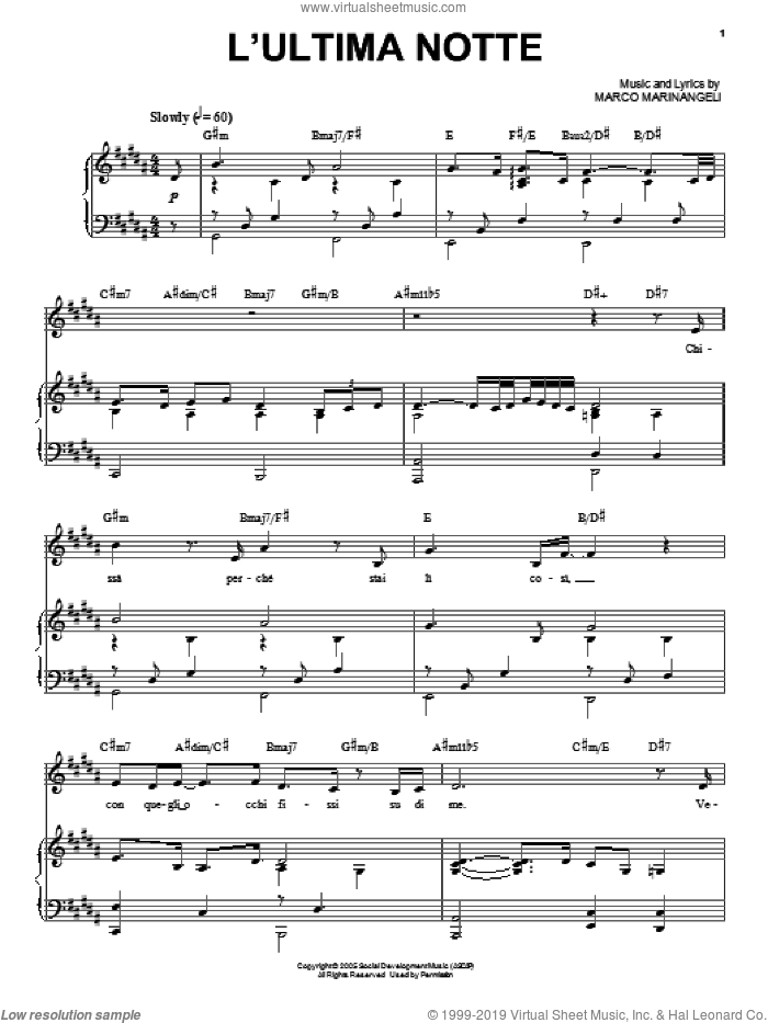 L'Ultima Notte sheet music for voice and piano by Josh Groban, intermediate skill level