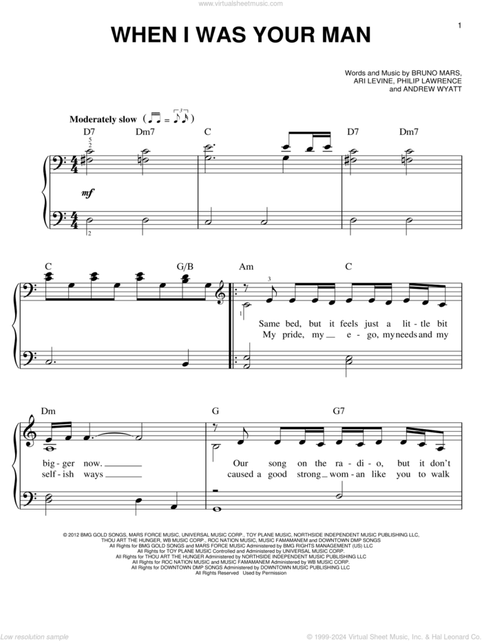 When I Was Your Man, (easy) sheet music for piano solo by Bruno Mars, easy skill level