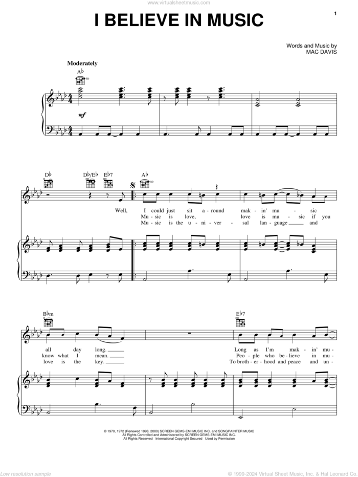 I Believe In Music sheet music for voice, piano or guitar by Mac Davis and Gallery, intermediate skill level