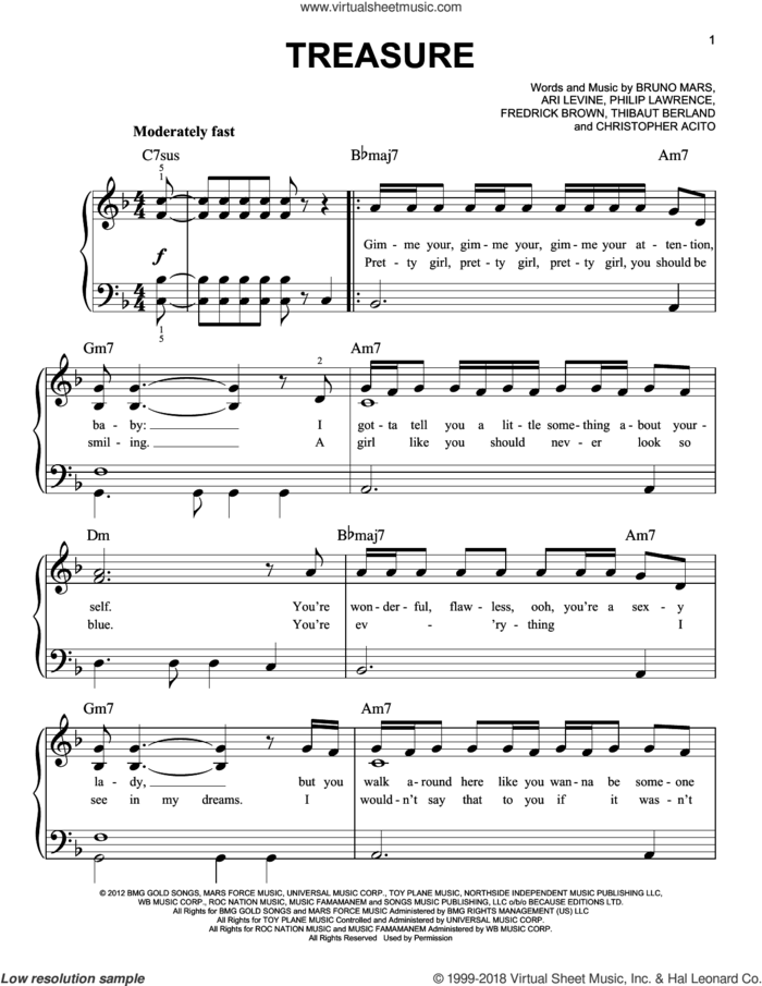 Treasure sheet music for piano solo by Bruno Mars, easy skill level