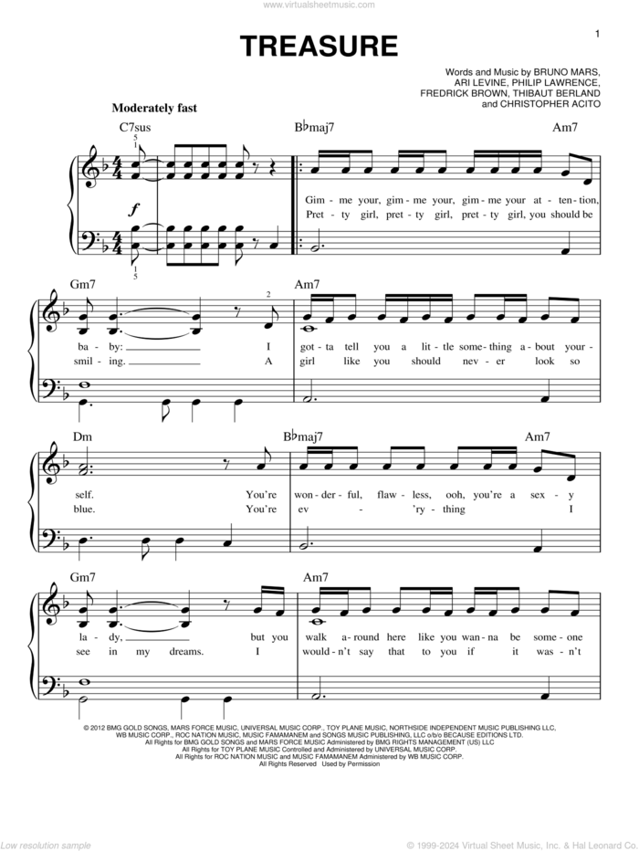 Treasure sheet music for piano solo by Bruno Mars, easy skill level