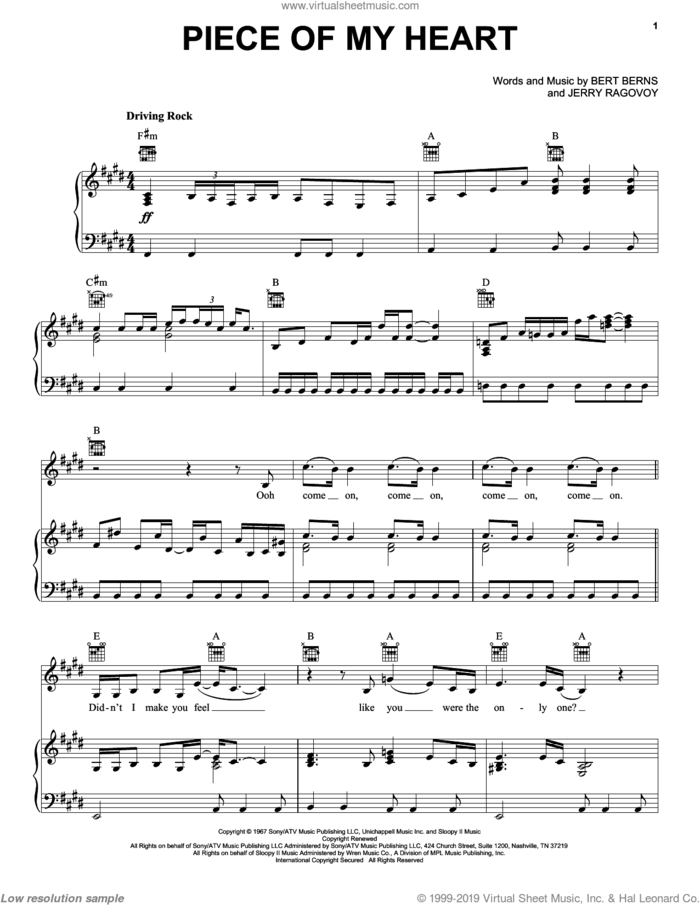 Piece Of My Heart sheet music for voice, piano or guitar by Melissa Etheridge, Janis Joplin, Bert Berns and Jerry Ragovoy, intermediate skill level