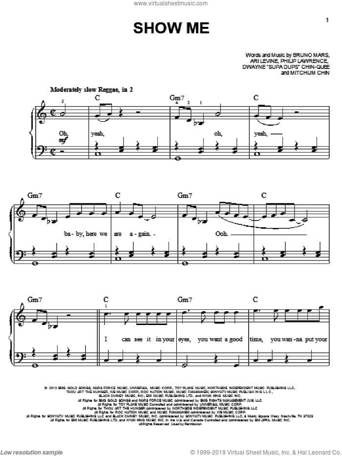 Show Me sheet music for piano solo by Bruno Mars, easy skill level