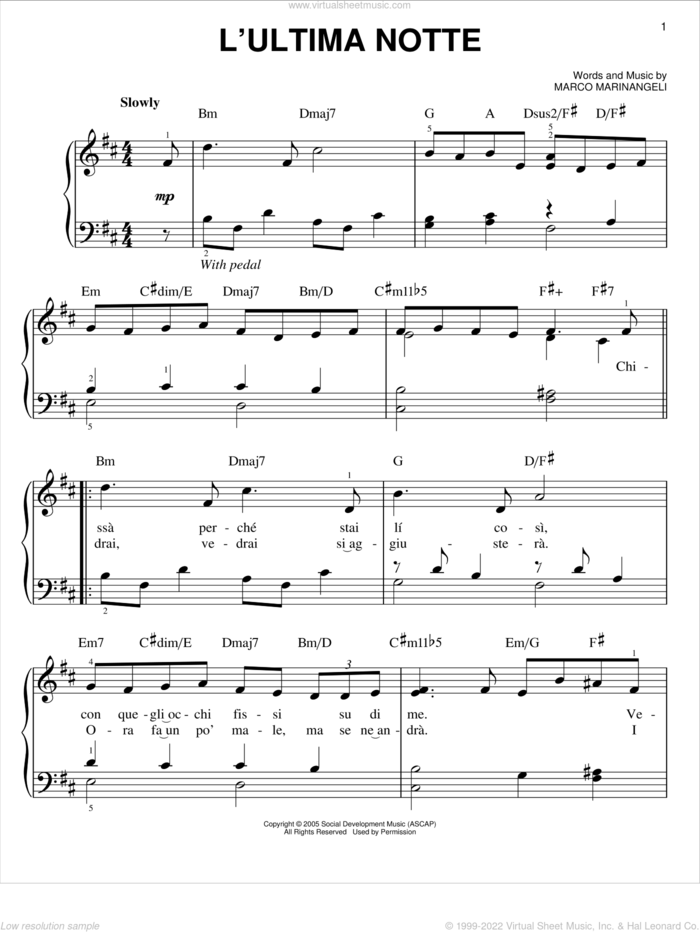 L'Ultima Notte sheet music for piano solo by Josh Groban, easy skill level