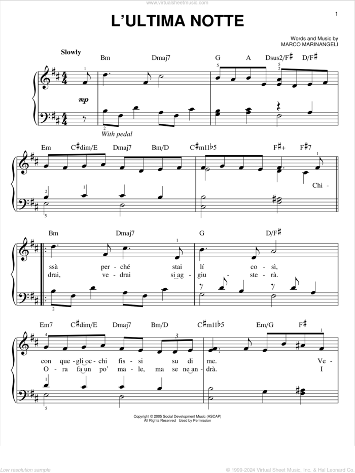 L'Ultima Notte sheet music for piano solo by Josh Groban, easy skill level