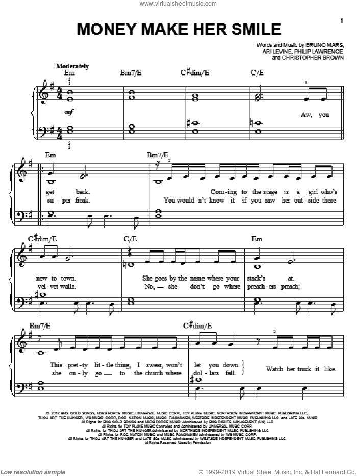 Money Make Her Smile sheet music for piano solo by Bruno Mars, easy skill level