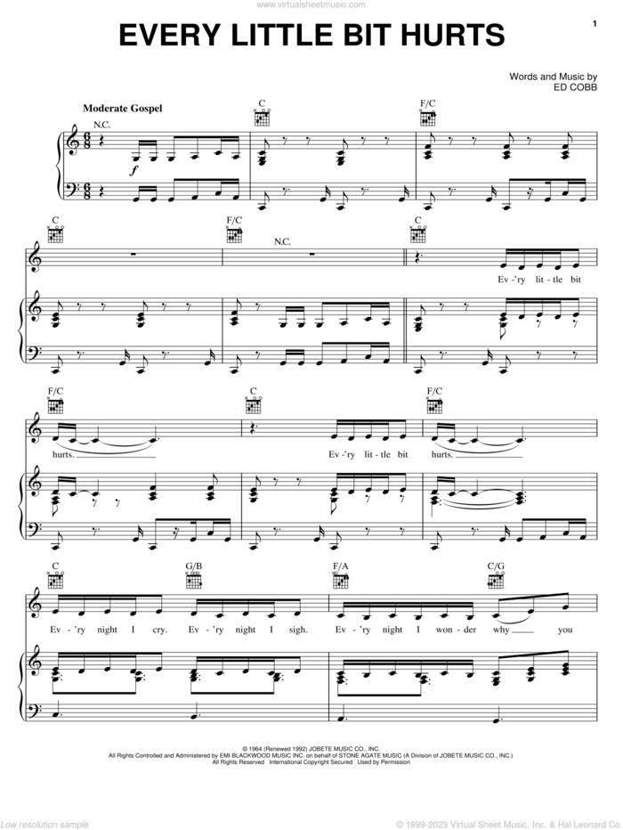 Every Little Bit Hurts sheet music for voice, piano or guitar by Alicia Keys, Vivian Green and Ed Cobb, intermediate skill level