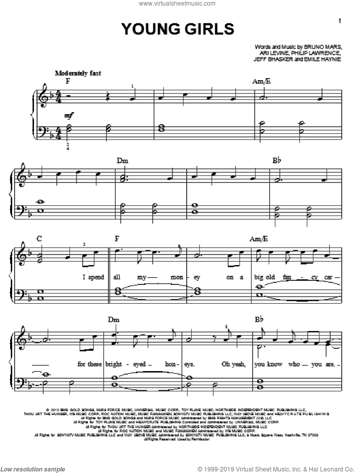Young Girls sheet music for piano solo by Bruno Mars, easy skill level