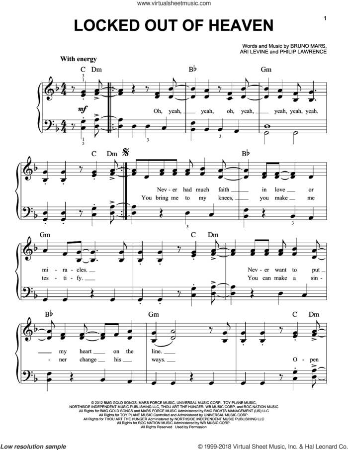 Locked Out Of Heaven, (easy) sheet music for piano solo by Bruno Mars, easy skill level