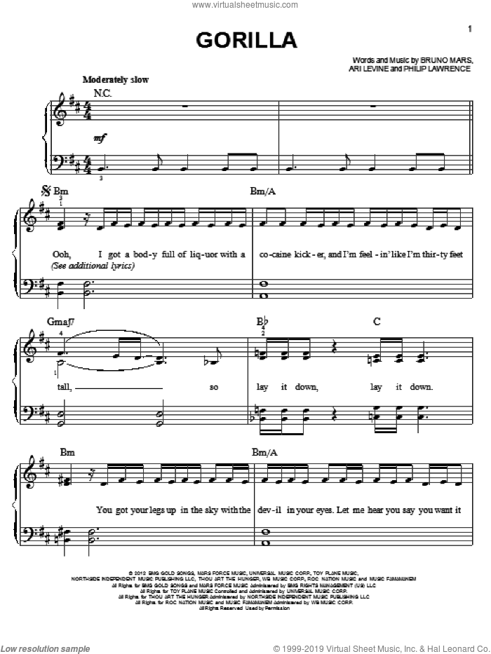 Gorilla sheet music for piano solo by Bruno Mars, easy skill level