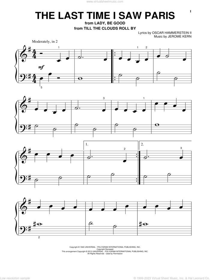 The Last Time I Saw Paris sheet music for piano solo by Oscar II Hammerstein and Jerome Kern, beginner skill level