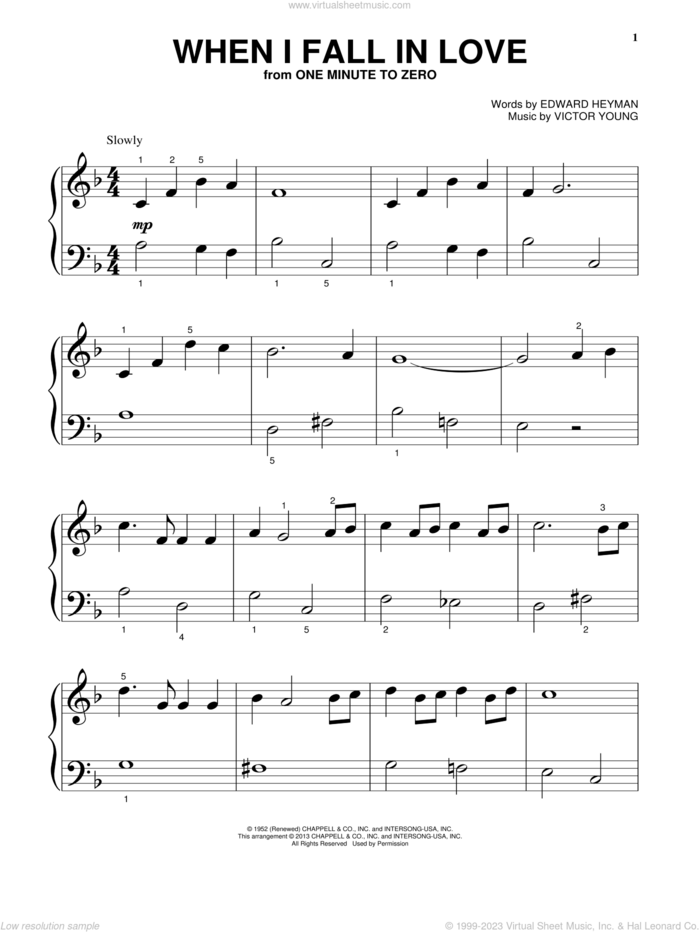 When I Fall In Love (from One Minute To Zero) sheet music for piano solo by Carpenters and Victor Young, beginner skill level