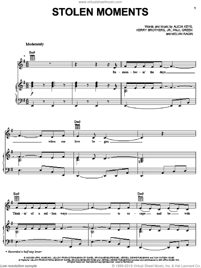Stolen Moments sheet music for voice, piano or guitar by Alicia Keys, Kerry Brothers, Melvin Ragin and Paul Green, intermediate skill level