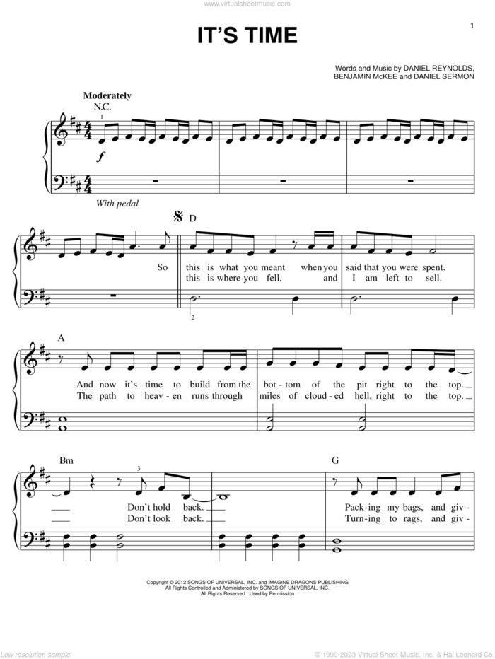 It's Time sheet music for piano solo by Imagine Dragons, easy skill level