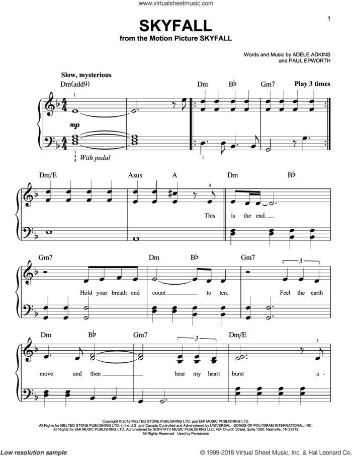 Skyfall, (easy) sheet music for piano solo by Adele, easy skill level