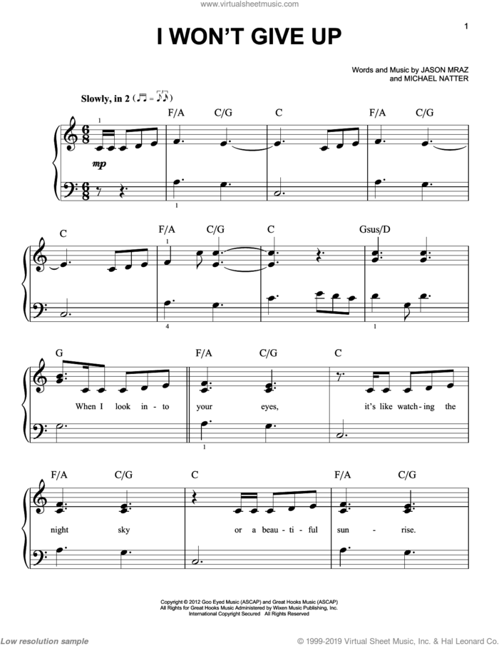 I Won't Give Up sheet music for piano solo by Jason Mraz, easy skill level