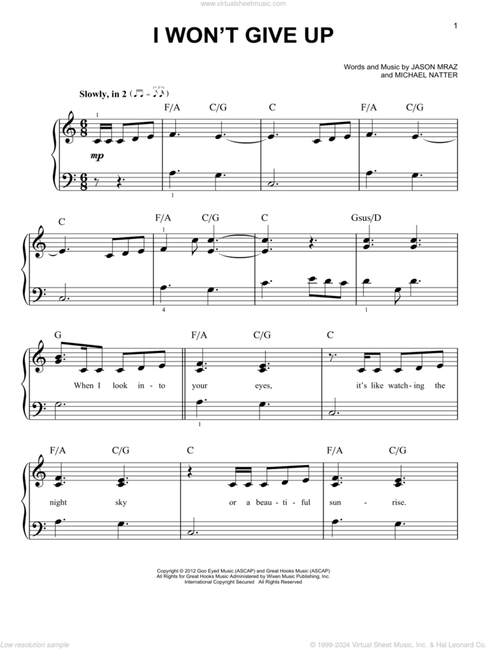 I Won't Give Up sheet music for piano solo by Jason Mraz, wedding score, easy skill level