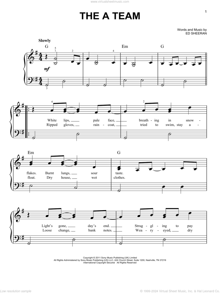 The A Team, (easy) sheet music for piano solo by Ed Sheeran, easy skill level