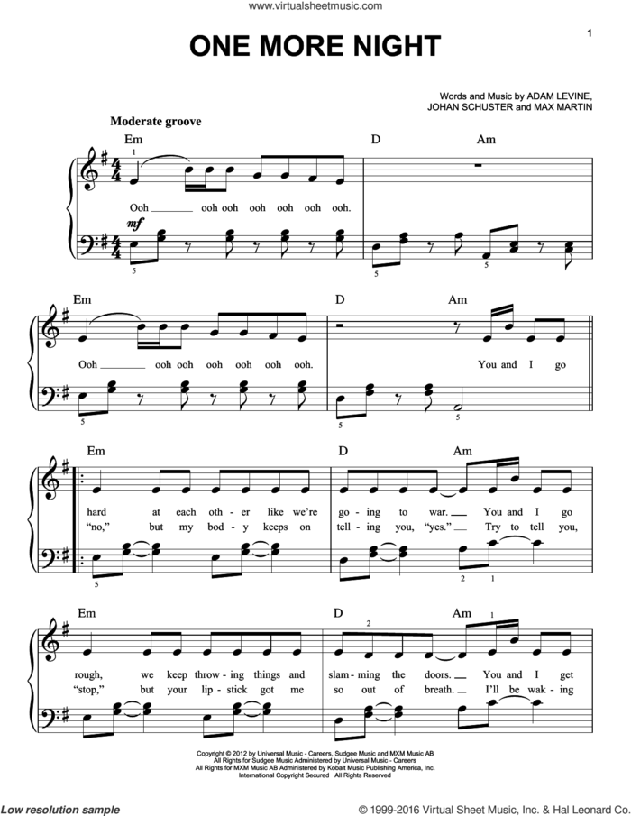 One More Night sheet music for piano solo by Maroon 5, easy skill level