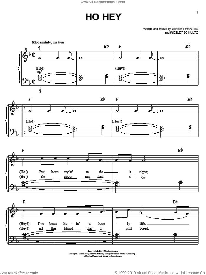 Ho Hey sheet music for piano solo by The Lumineers, easy skill level