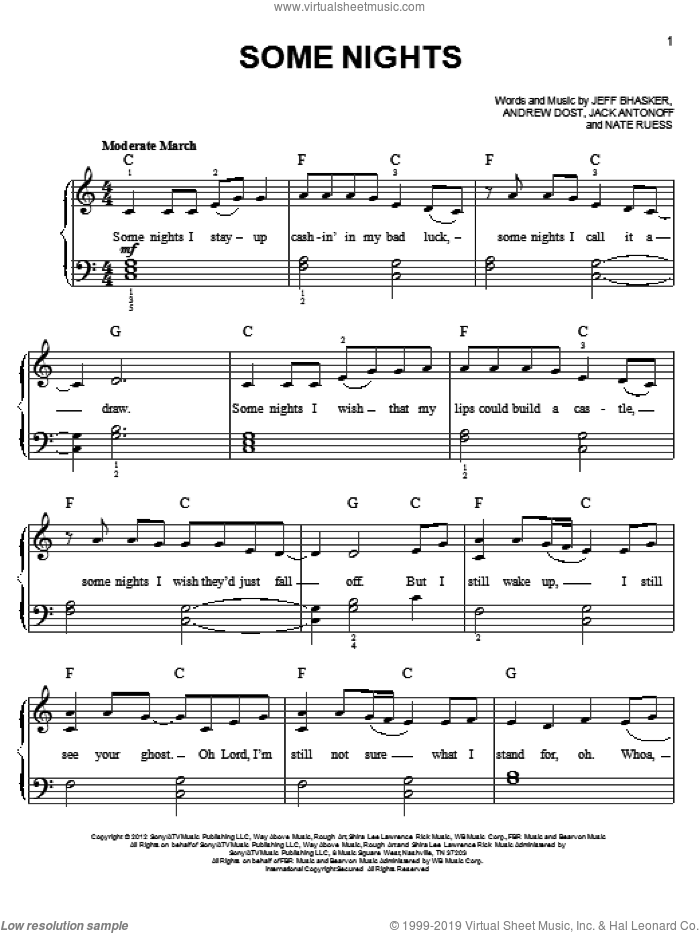 Some Nights, (easy) sheet music for piano solo by Fun, easy skill level