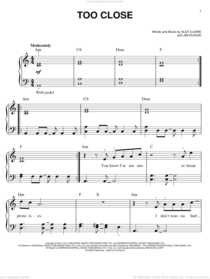 Too Close sheet music for piano solo by Alex Clare, Alex Claire and Jim Duguid, easy skill level