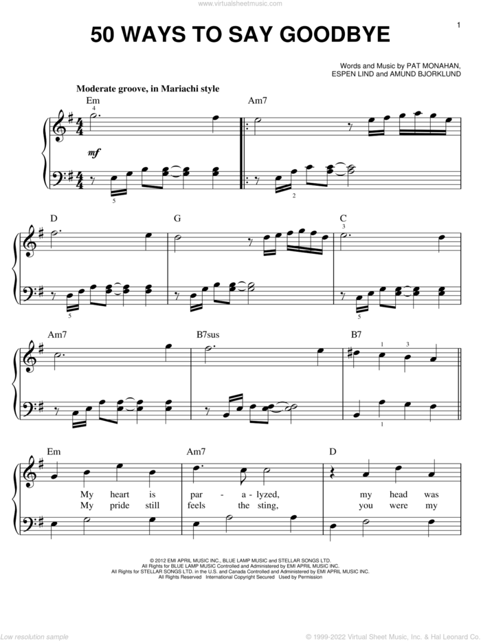 50 Ways To Say Goodbye sheet music for piano solo by Train, easy skill level