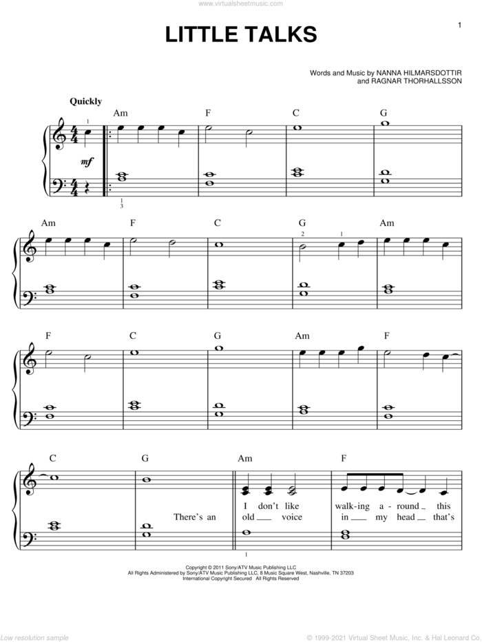 Little Talks, (easy) sheet music for piano solo by Of Monsters And Men, easy skill level