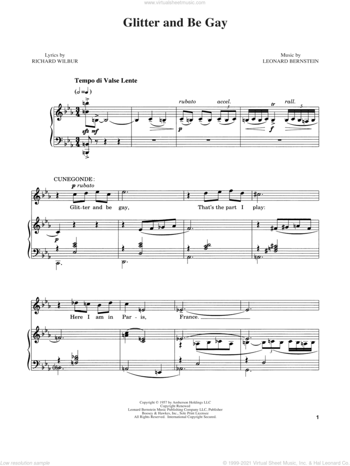 Glitter And Be Gay sheet music for voice and piano by Leonard Bernstein and Richard Wilbur, intermediate skill level
