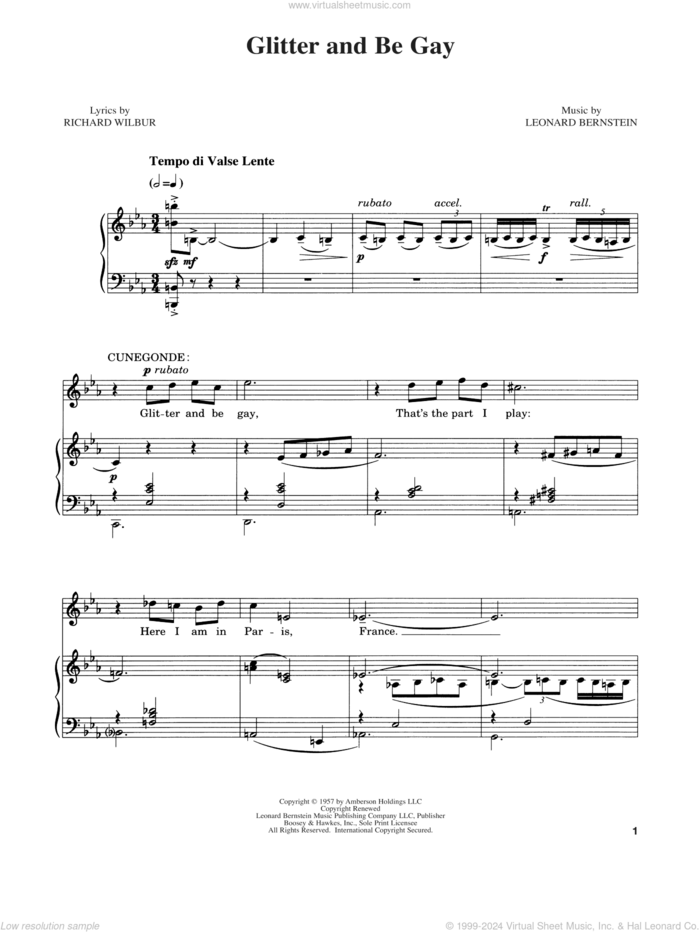 Glitter And Be Gay sheet music for voice and piano by Leonard Bernstein and Richard Wilbur, intermediate skill level