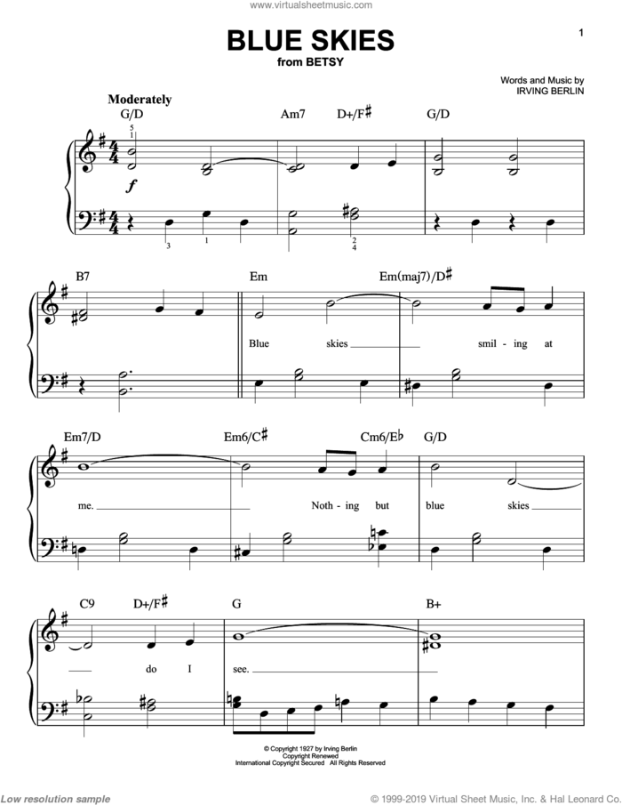 Blue Skies sheet music for piano solo by Irving Berlin, easy skill level