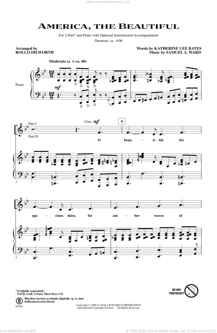 America, The Beautiful sheet music for choir (2-Part) by Rollo Dilworth and Katherine Lee Bates, intermediate duet