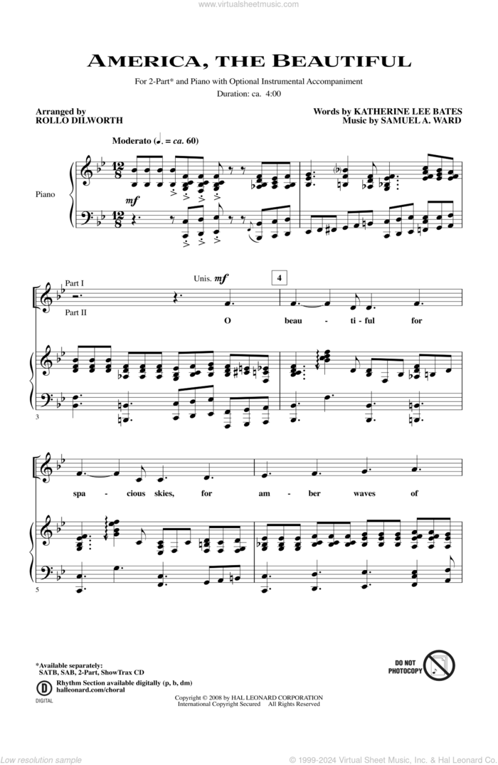 America, The Beautiful sheet music for choir (2-Part) by Rollo Dilworth and Katherine Lee Bates, intermediate duet