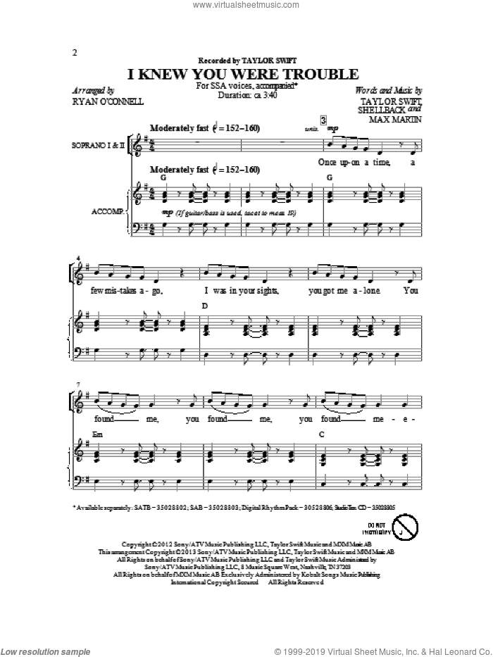 I Knew You Were Trouble sheet music for choir (SSA: soprano, alto) by Taylor Swift, intermediate skill level