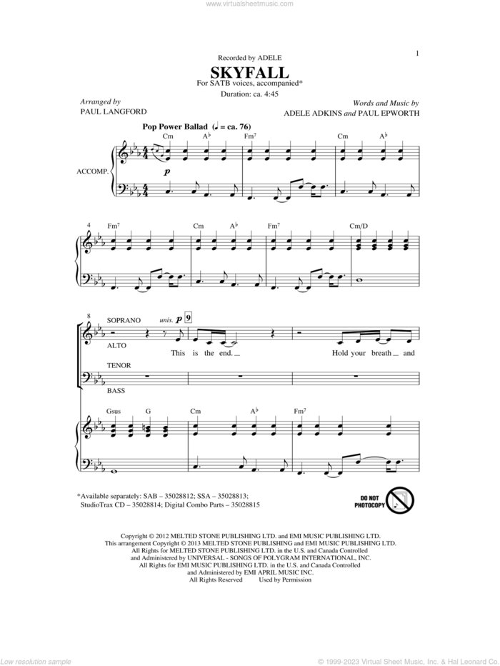Skyfall (arr. Paul Langford) sheet music for choir (SATB: soprano, alto, tenor, bass) by Adele, Paul Epworth and Paul Langford, intermediate skill level