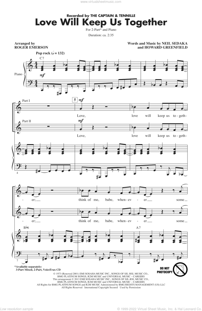 Love Will Keep Us Together (arr. Roger Emerson) sheet music for choir (2-Part) by The Captain & Tennille and Roger Emerson, intermediate duet