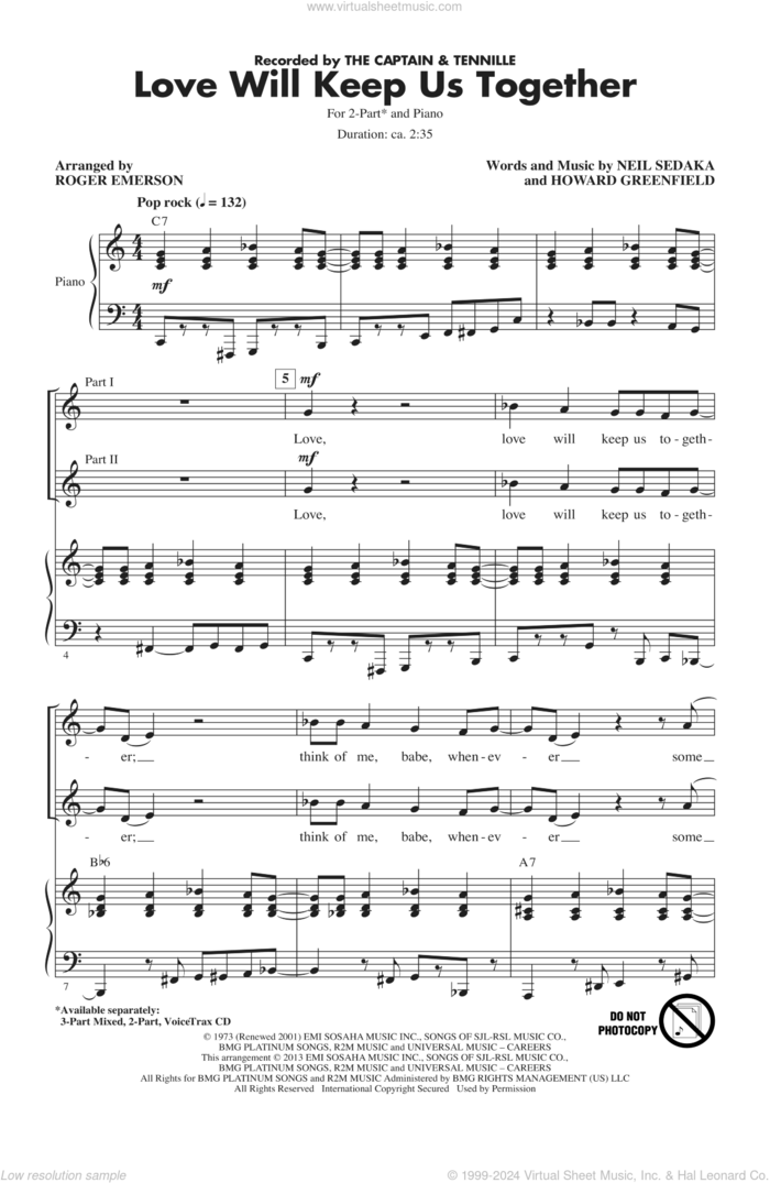 Love Will Keep Us Together (arr. Roger Emerson) sheet music for choir (2-Part) by The Captain & Tennille and Roger Emerson, intermediate duet