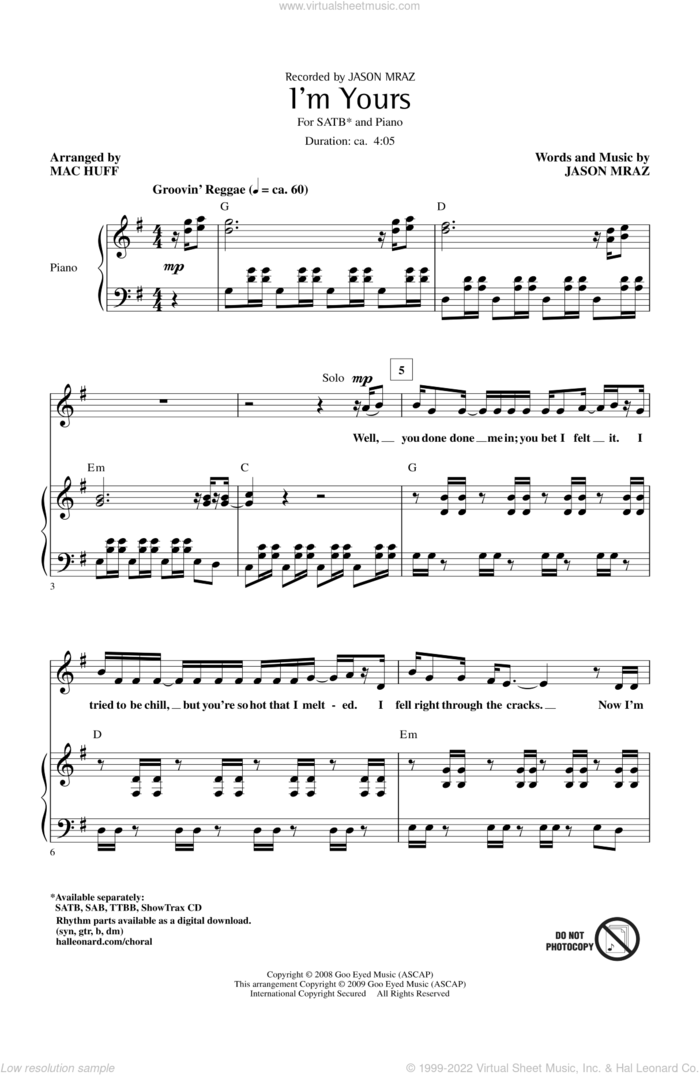 I'm Yours sheet music for choir (SATB: soprano, alto, tenor, bass) by Mac Huff and Jason Mraz, intermediate skill level