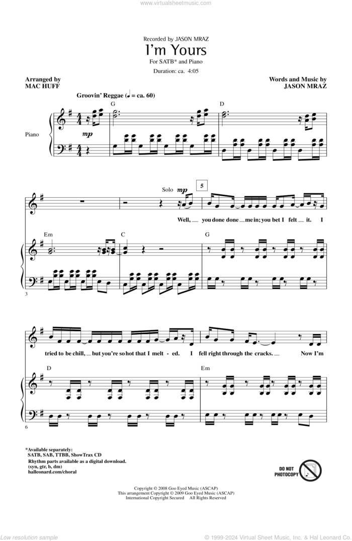 I'm Yours sheet music for choir (SATB: soprano, alto, tenor, bass) by Mac Huff and Jason Mraz, intermediate skill level