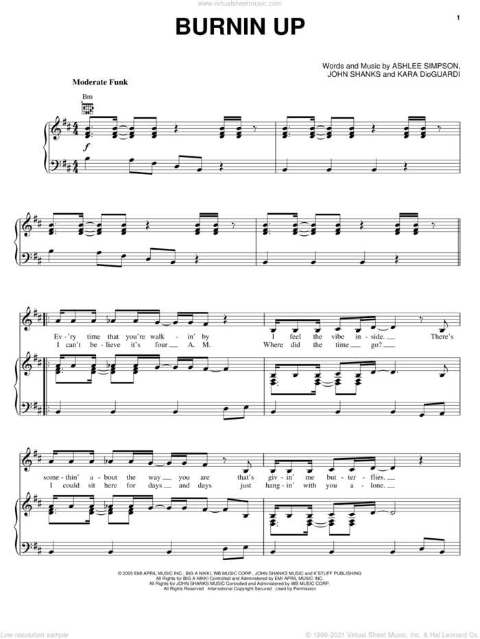 Burnin Up sheet music for voice, piano or guitar by Ashlee Simpson, John Shanks and Kara DioGuardi, intermediate skill level