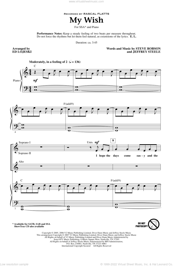 My Wish (arr. Ed Lojeski) sheet music for choir (SSA: soprano, alto) by Ed Lojeski and Rascal Flatts, intermediate skill level