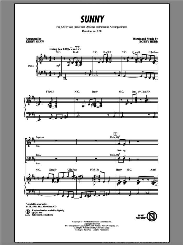 Sunny (arr. Kirby Shaw) sheet music for choir (SATB: soprano, alto, tenor, bass) by Kirby Shaw and Bobby Hebb, intermediate skill level