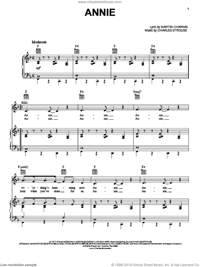 Annie sheet music for voice, piano or guitar by Charles Strouse and Martin Charnin, intermediate skill level