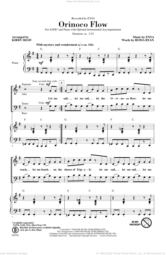 Orinoco Flow (arr. Kirby Shaw) sheet music for choir (SATB: soprano, alto, tenor, bass) by Kirby Shaw, Enya and Roma Ryan, intermediate skill level