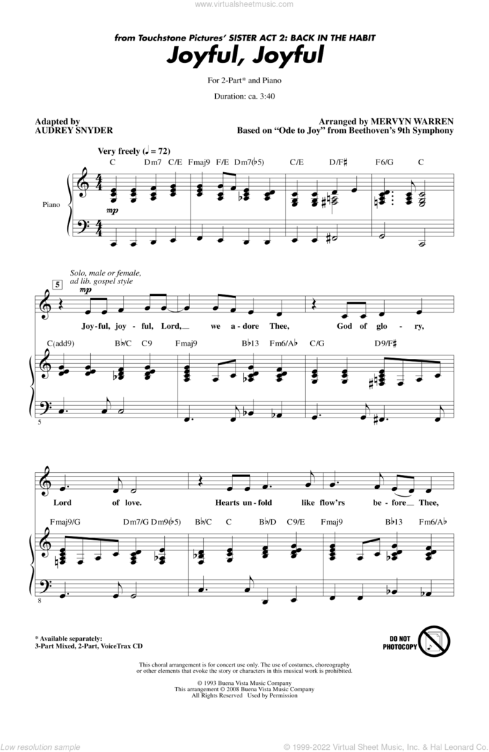 Joyful, Joyful (from Sister Act 2) (arr. Audrey Snyder) sheet music for choir (2-Part) by Ludwig van Beethoven, Mervyn Warren and Audrey Snyder, intermediate duet