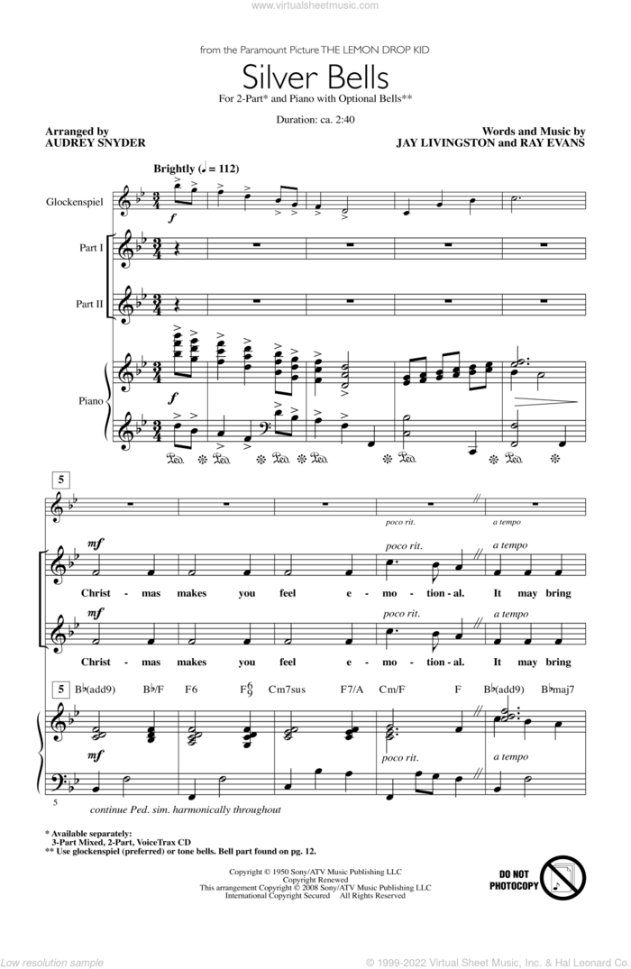 Silver Bells sheet music for choir (2-Part) by Audrey Snyder, intermediate duet